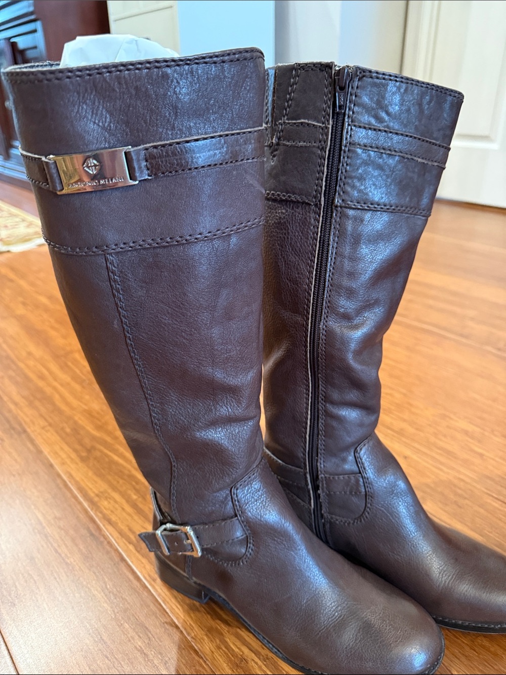 ANTONIO MELANI Dark Brown Knee Boots with Buckle Accent